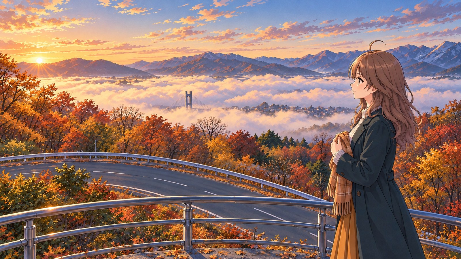 An autumn sea of clouds over the Chichibu Basin, lit by the morning sun. A woman in a dark green coat and pale knit top stands inside the railing at Tabidachi Hill, holding a scarf to her chest as she looks out.