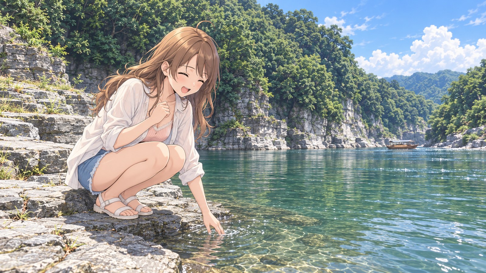 平らな岩の層が続く長瀞の岩畳にしゃがみ、荒川の流れに指先をひたして冷たさに笑う主人公。遠くに川下りの舟