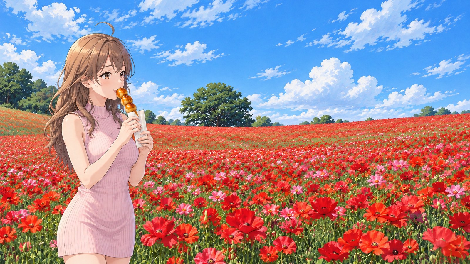 In early summer, red poppies blanket the slope at Tenkū no Poppy, with a large tree on the hilltop. The heroine, wearing a pale pink sleeveless knit dress, eats a skewer of miso potatoes.