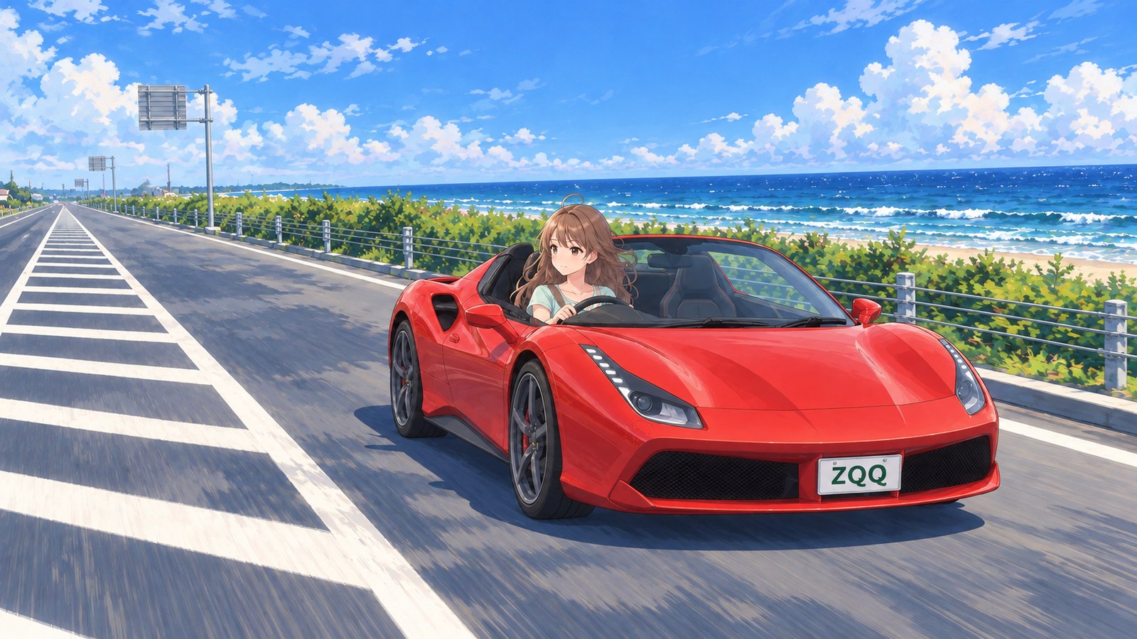 A red convertible drives in a standard traffic lane on the Kujukuri Toll Road, with the sea in the background. A woman in a pale mint short-sleeved top sits in the right-hand driver’s seat, looking ahead with both hands on the wheel.