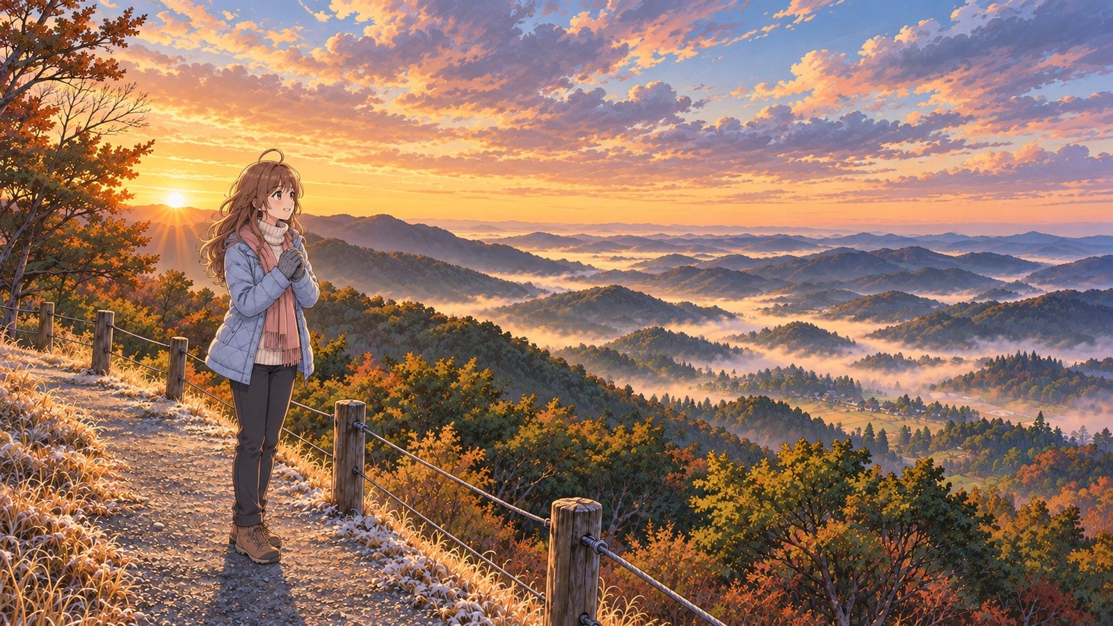 Morning sun falls across layers of hills veiled in valley mist at Kujukutani Observatory Park. A woman in a pale blue quilted coat over a light-colored turtleneck, with a pink-toned scarf and gloves, looks out from behind a low fence.