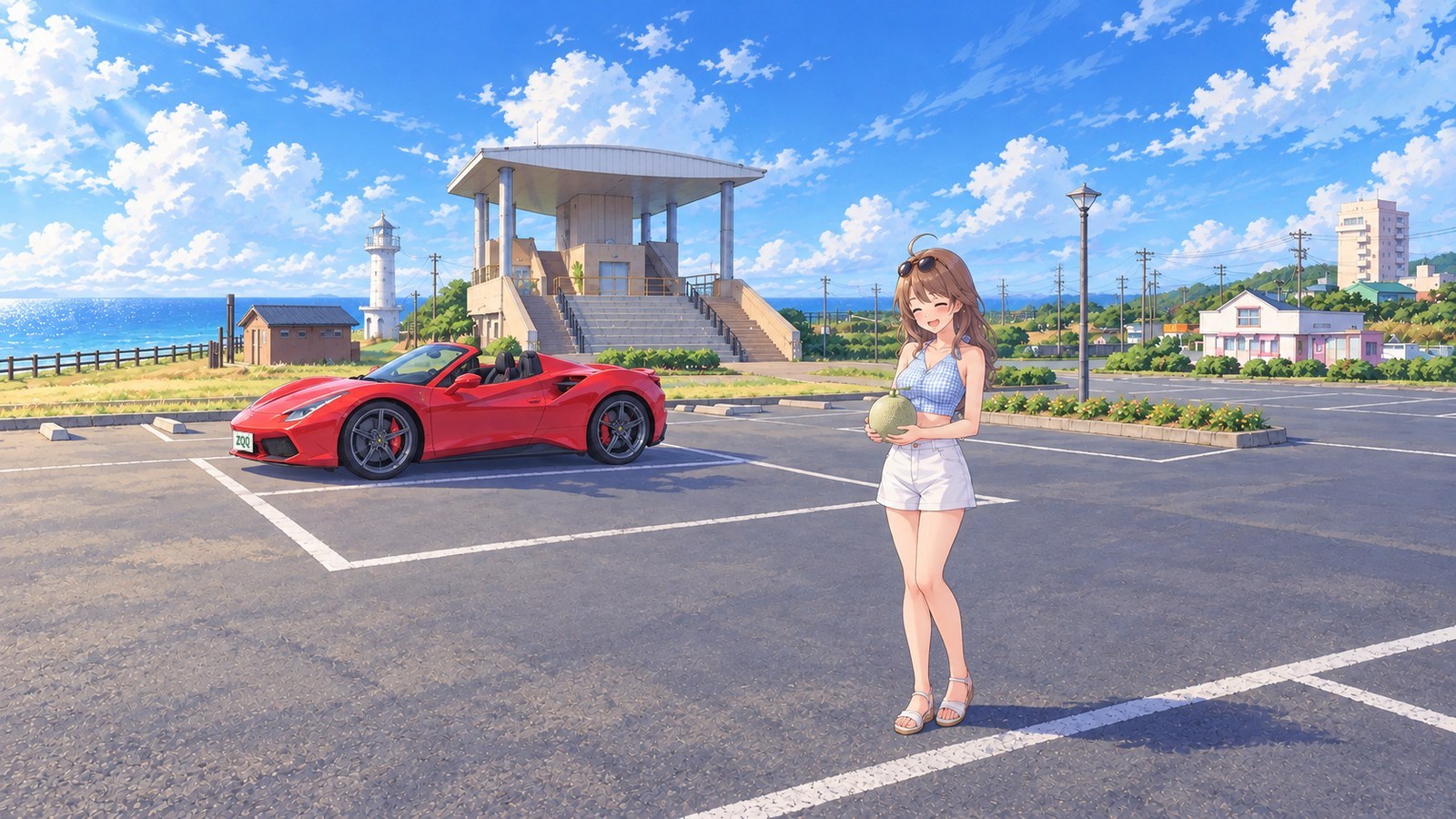 A red convertible is parked in the public car park at Gyobu Cape, with the Iioka Lighthouse and observatory visible on the left. In the foreground, a woman in a pale blue checked halter top and white shorts, with sunglasses on her head, holds a whole melon in both hands.