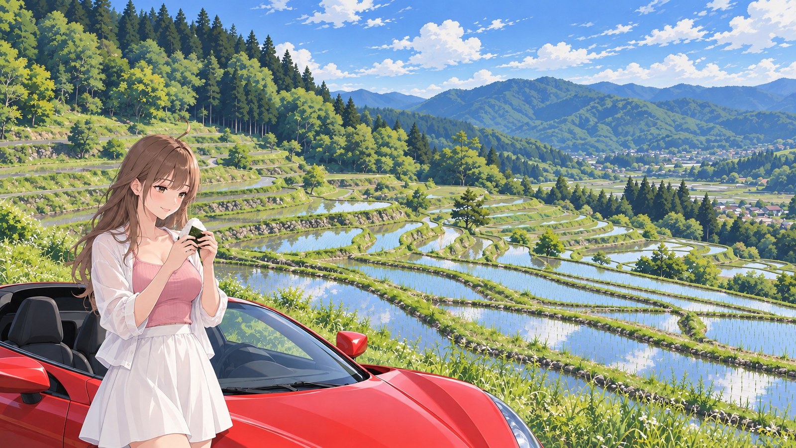 The narrator holding a seaweed-wrapped rice ball beside her red convertible, with the flooded Oyama Senmaida Rice Terraces behind her. She wears a white shirt and skirt with a pink top.