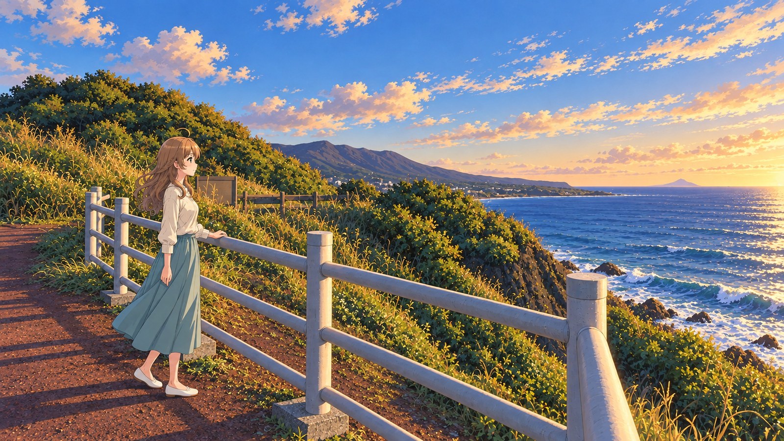 A coastal promenade along Sunset Palm Line on Izu Oshima. In the warm evening light, a woman in an ivory long-sleeved knit top, blue-green long skirt, and white shoes rests one hand on the gray railing as she looks out to sea.