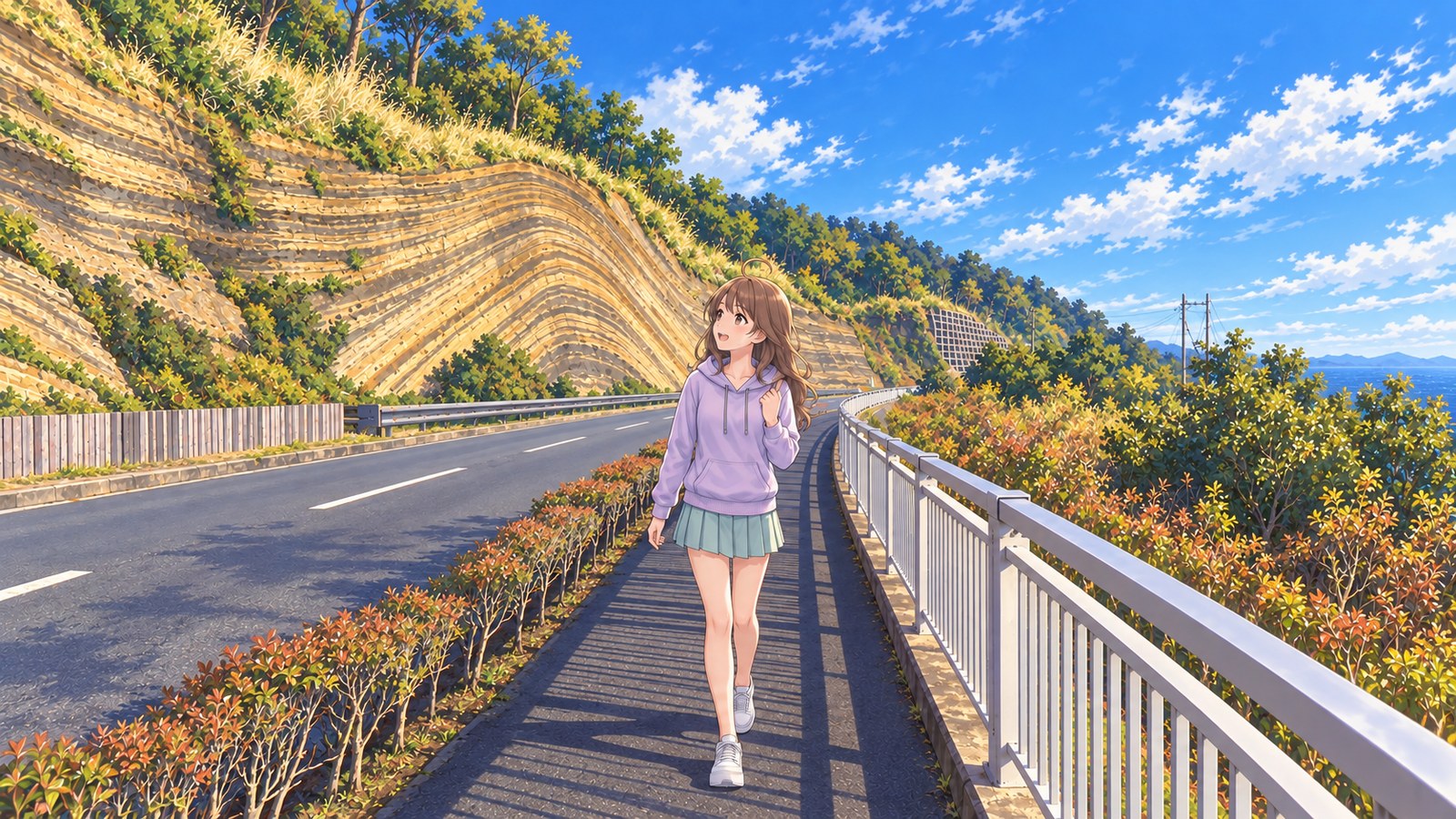 Walking path beside the Great Road Cut on Izu Oshima. Large, rippling ochre layers rise on the left, while a white railing runs along the right. A woman in a pale purple hoodie, teal pleated skirt and white sneakers walks while looking at the rock face.