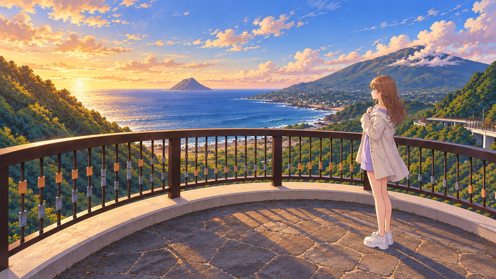 At Osaka Tunnel Lookout on Hachijo Island, I look out to sea from behind the curved brown railing. Hachijo Kojima lies to the left and Hachijo Fuji to the right. I’m wearing a cream coat, a pale purple knit dress, white knee-high socks and platform trainers.