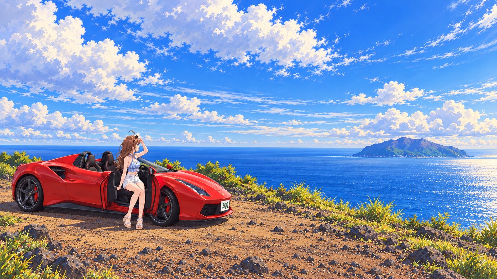 At Shichitō Observatory on Miyakejima, a red convertible is parked on a clearing covered in reddish-brown volcanic gravel. A woman in a pale blue checked halter top, white shorts, and sandals sits on the open door sill, shading her eyes with one hand as she looks out to an island in the sea