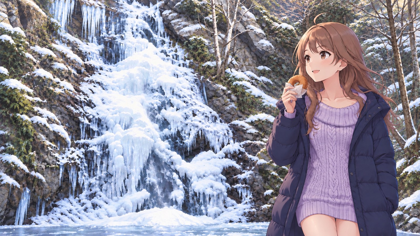 Hossawa Falls frozen in winter, with white ice formations and long icicles layered over the rock face. To the right, a woman in a navy down coat over a pale purple knit dress holds a paper-wrapped ring doughnut and looks at the falls.