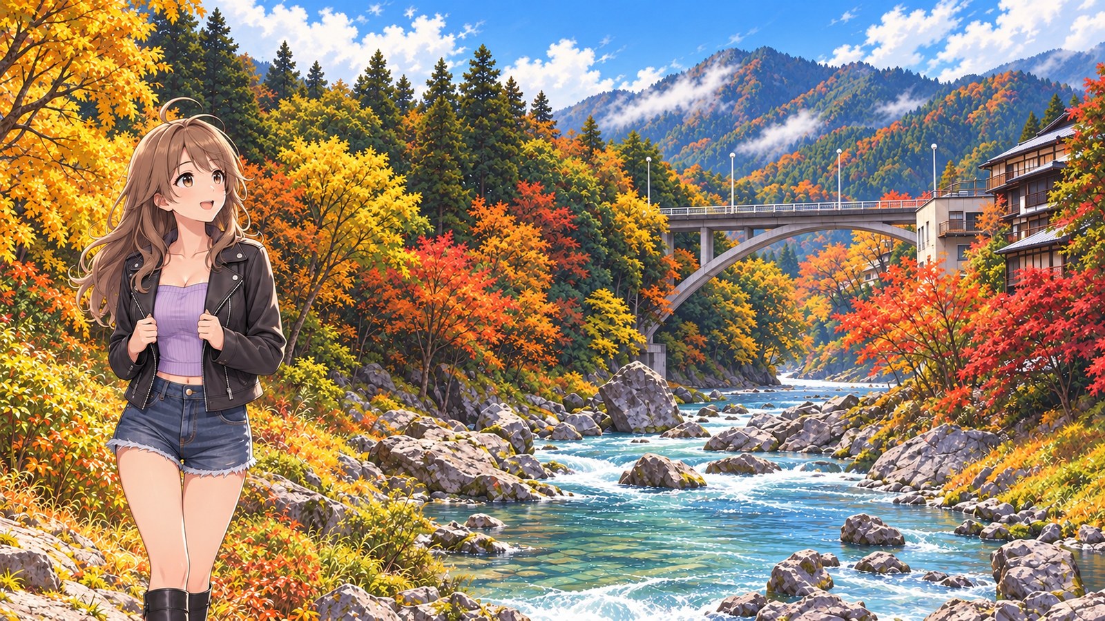 A woman stands beside the Tama River at Mitake Gorge among the autumn leaves, holding the front of her black jacket closed with both hands as she looks at a bridge. She wears a pale lavender top, denim shorts and black tights.