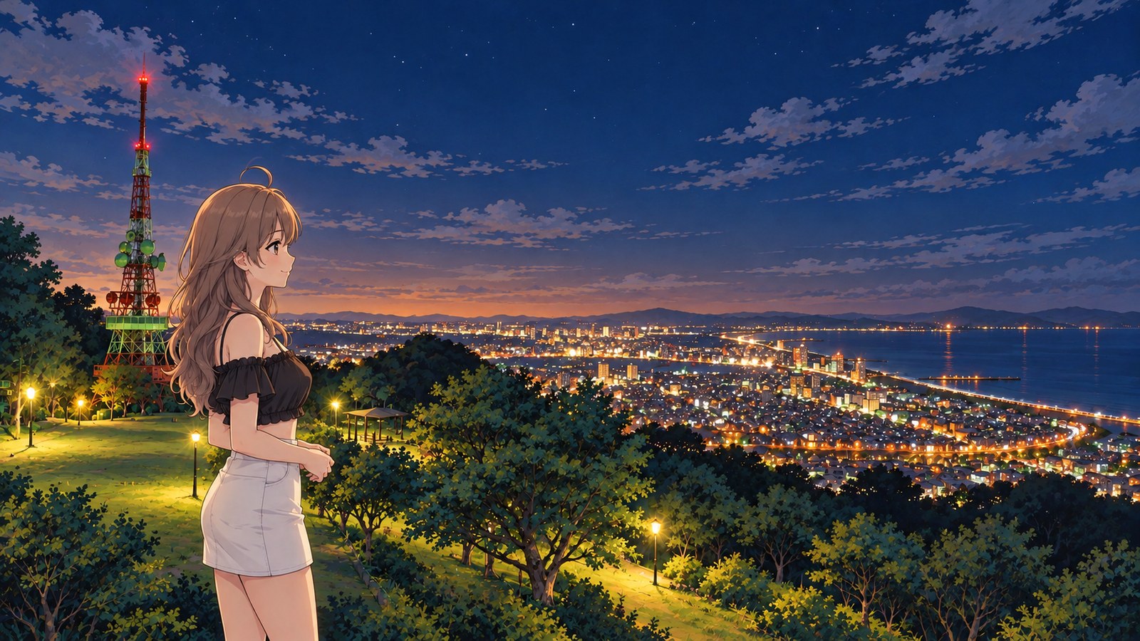 Shōnan-daira on a summer night. The TV tower, lit green below with a red light above, stands to the left; city lights spread across the centre, and a dark sea and curving coastline extend to the right. A woman in a black off-the-shoulder top and white miniskirt stands with her hands together in front of her waist, looking out at the night view.