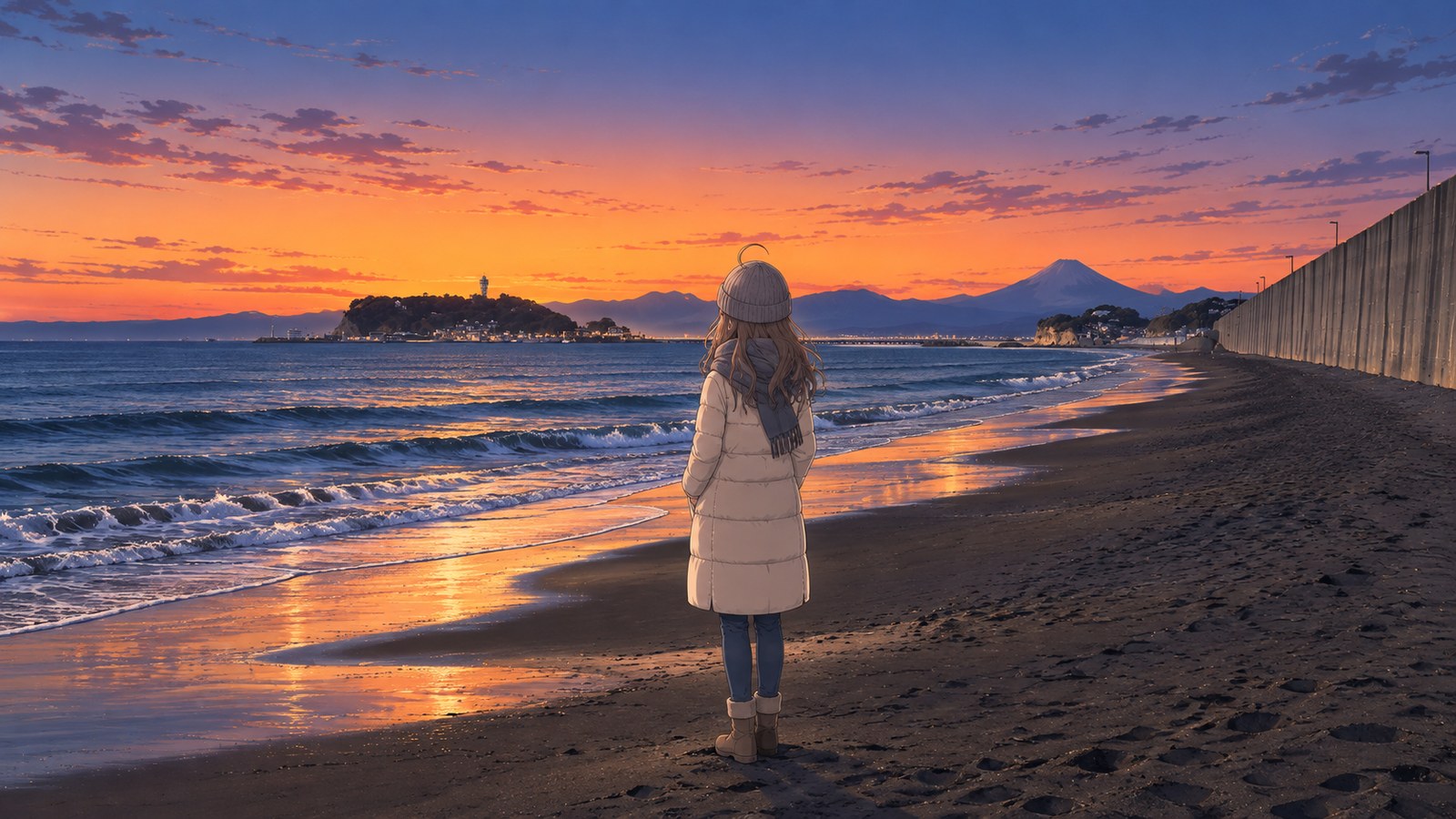 日が沈んだあとの七里ヶ浜。江の島と夕焼けに浮かぶ富士山のシルエットを見つめる、クリーム色のコートの主人公の後ろ姿