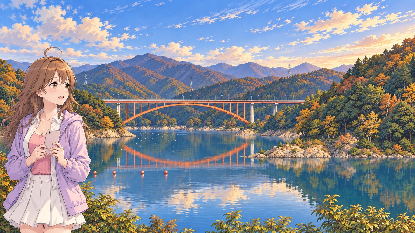 A woman stands by Lake Miyagase, gazing at Niji-no-Ōhashi as she lowers her phone to her chest after taking a photo. She wears a pale lavender jacket and a white skirt. The bridge’s reflection curves across the lake.