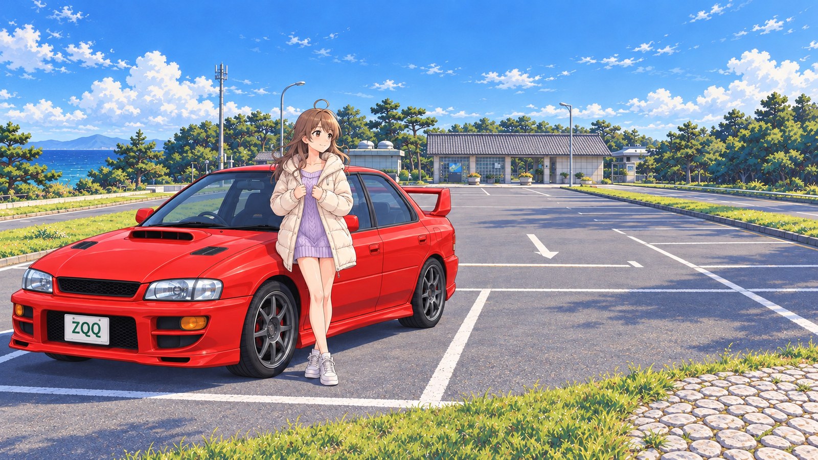 On a clear winter day, a woman stands beside a red 4x4 sedan in the Jōgashima Park car park, pulling her cream-colored coat closed with both hands. The park entrance is visible behind her.