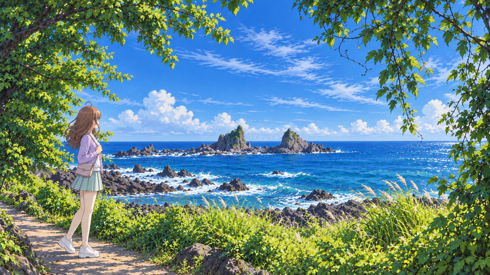 Along the coast at Manazuru Cape in spring, Mitsuishi Rocks and the blue sea visible beyond leafy branches. A woman in a pale purple cardigan, white top, light mint pleated skirt and white trainers holds her bag strap and looks out to sea.
