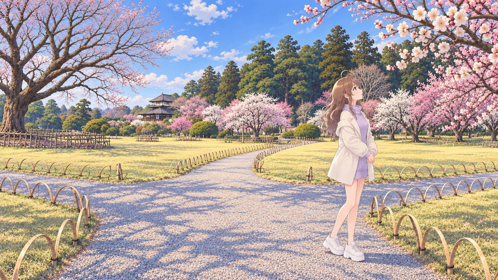In early spring at Kairakuen, a woman looks up at a plum branch. She is wearing a lavender knit dress and an ivory coat, with Kōbuntei visible beyond the gravel garden path.