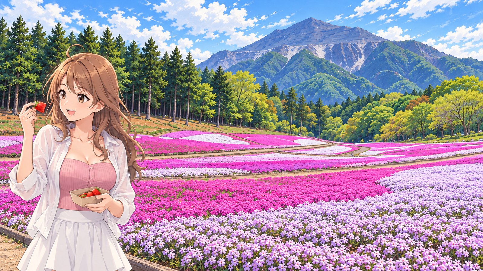 A woman smiles on a walkway, holding a strawberry and a paper container, with the moss phlox at Hitsujiyama Park and Mount Buko behind her. She's wearing a white shirt, pink top, and white skirt.
