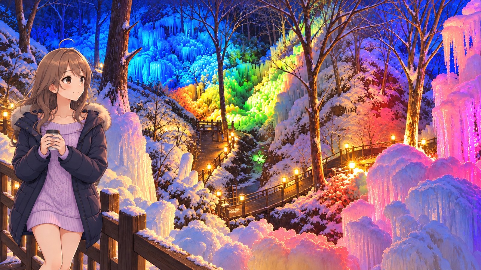 A woman in a navy coat over a lavender knit dress and long white socks gazes at the illuminated Ashigakubo Icicles from a viewing platform with a wooden railing, holding a cup in both hands.