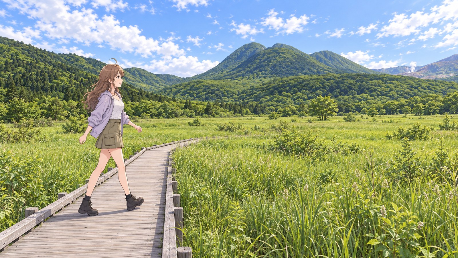 A woman strides along a boardwalk through Tadewara Wetland toward steaming Mount Iō and Mount Mimata, swinging her arms.