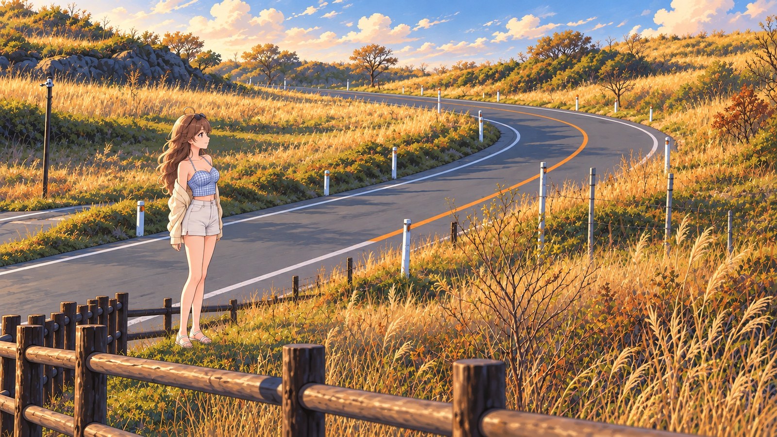 A woman in a gingham top, white shorts and a light cardigan looks out at a grassland bend from beside a wooden fence along the pedestrian path on the Milk Road in spring. No car is visible.