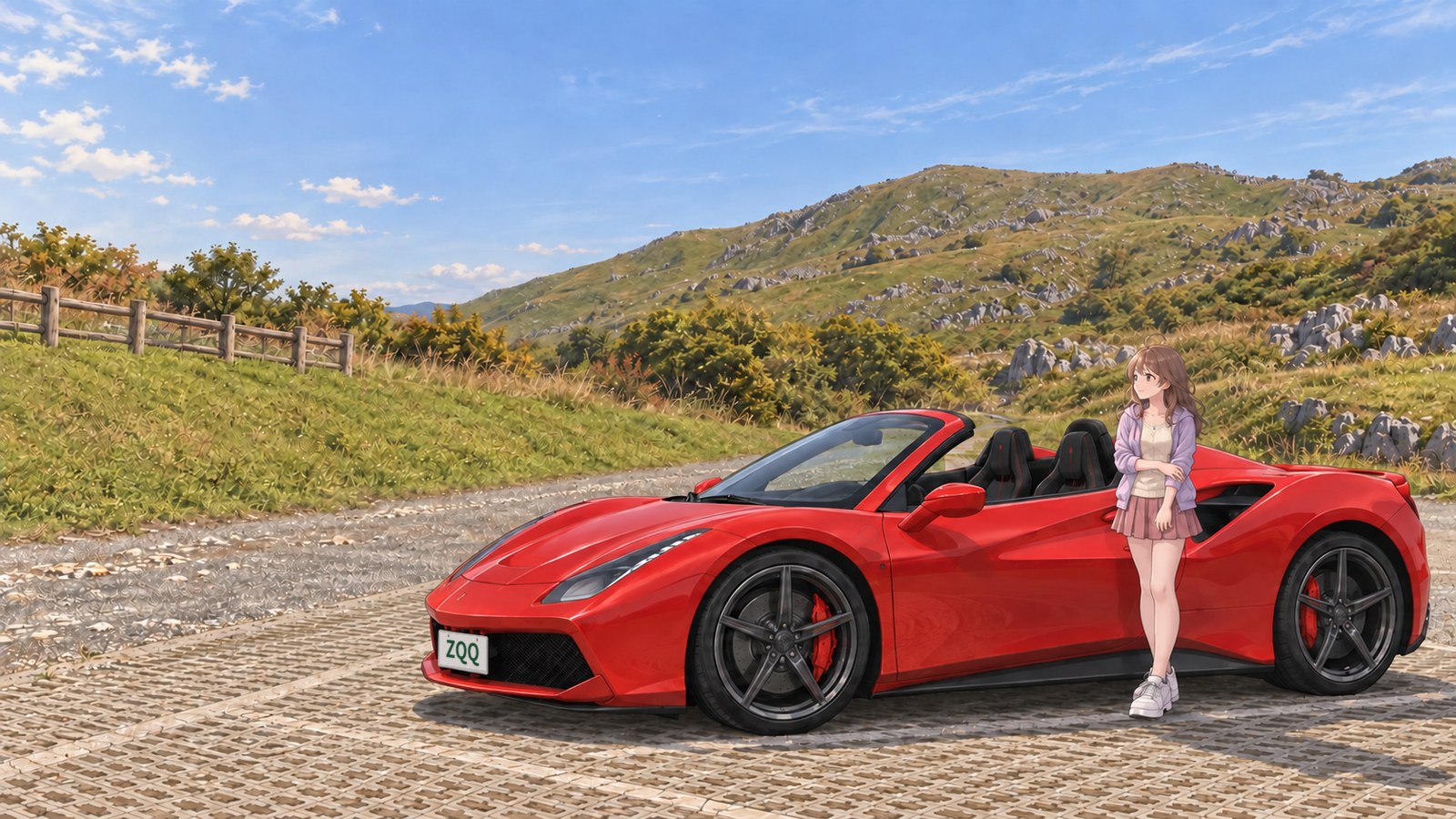 On an autumn day at Hiraodai, a woman in a purple hoodie stands beside a parked red convertible, adjusting her sleeve as she looks out at the limestone hills.