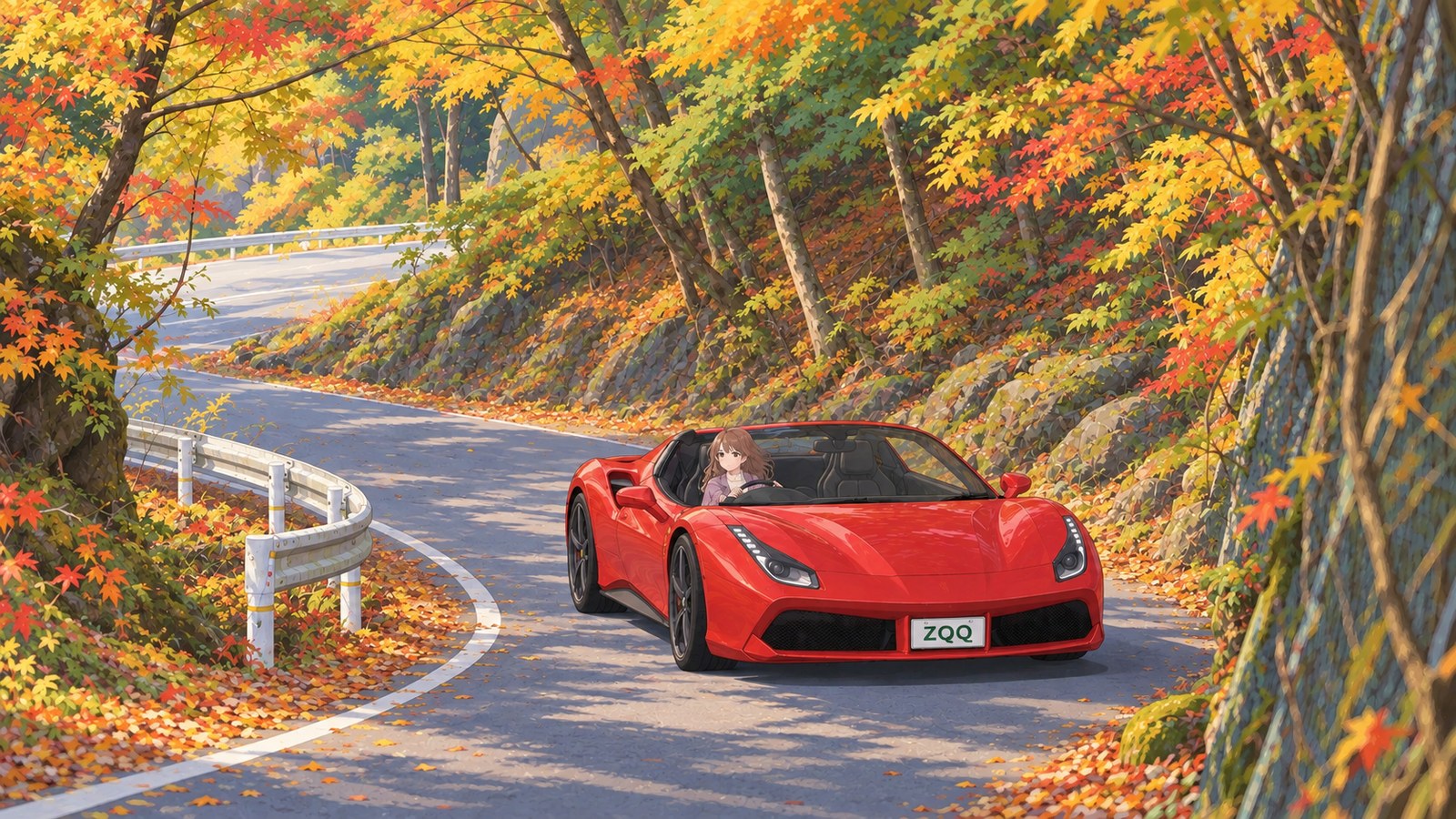 A woman in a warm purple-toned jacket holds the wheel of a red convertible as she drives along a mountain road lined with autumn leaves on the Hikosan Tengu Line.