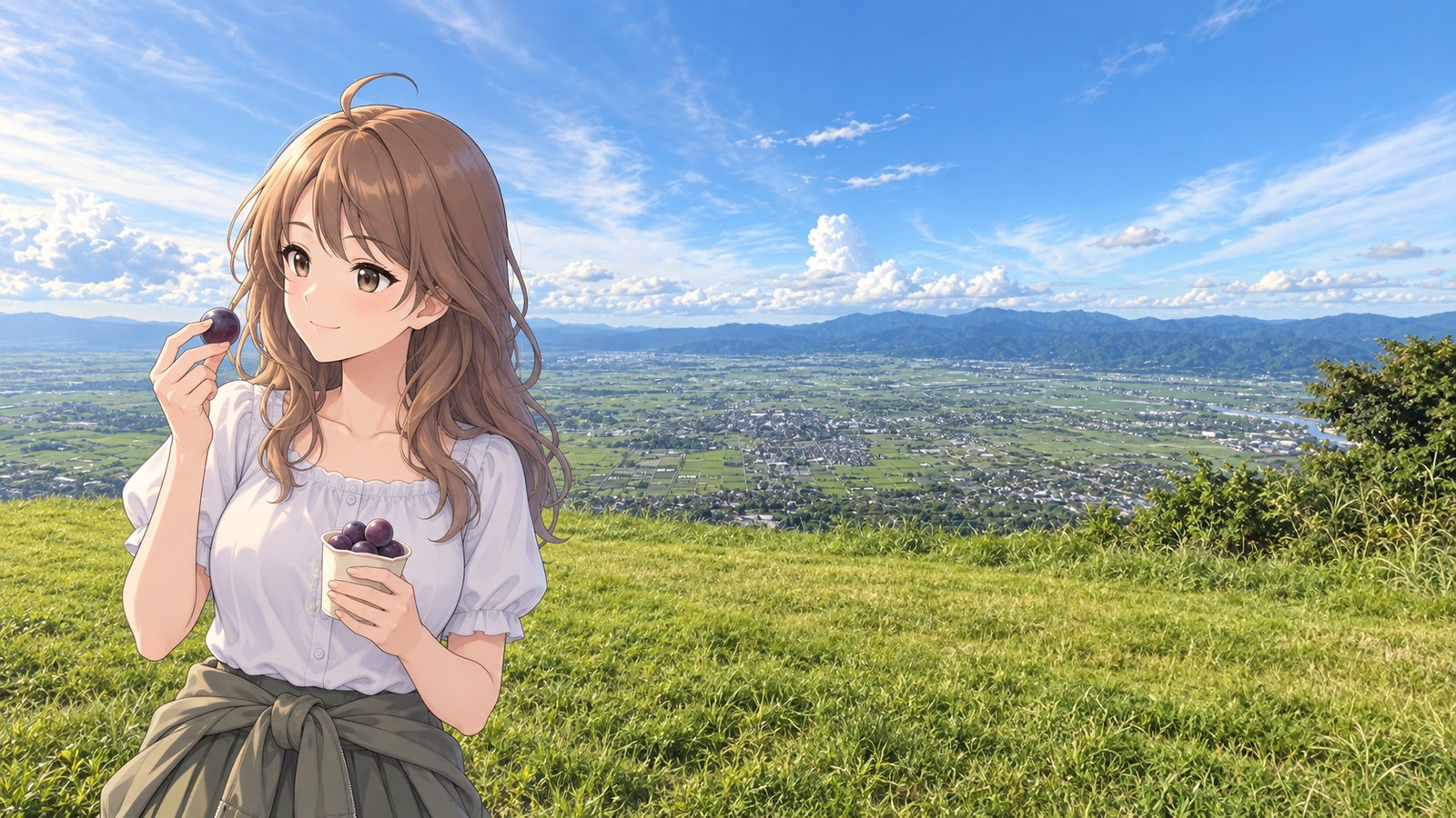 In the Minou Range in early autumn, a woman in a white blouse smiles while holding a Kyoho grape taken from a paper cup, the Chikugo Plain behind her.