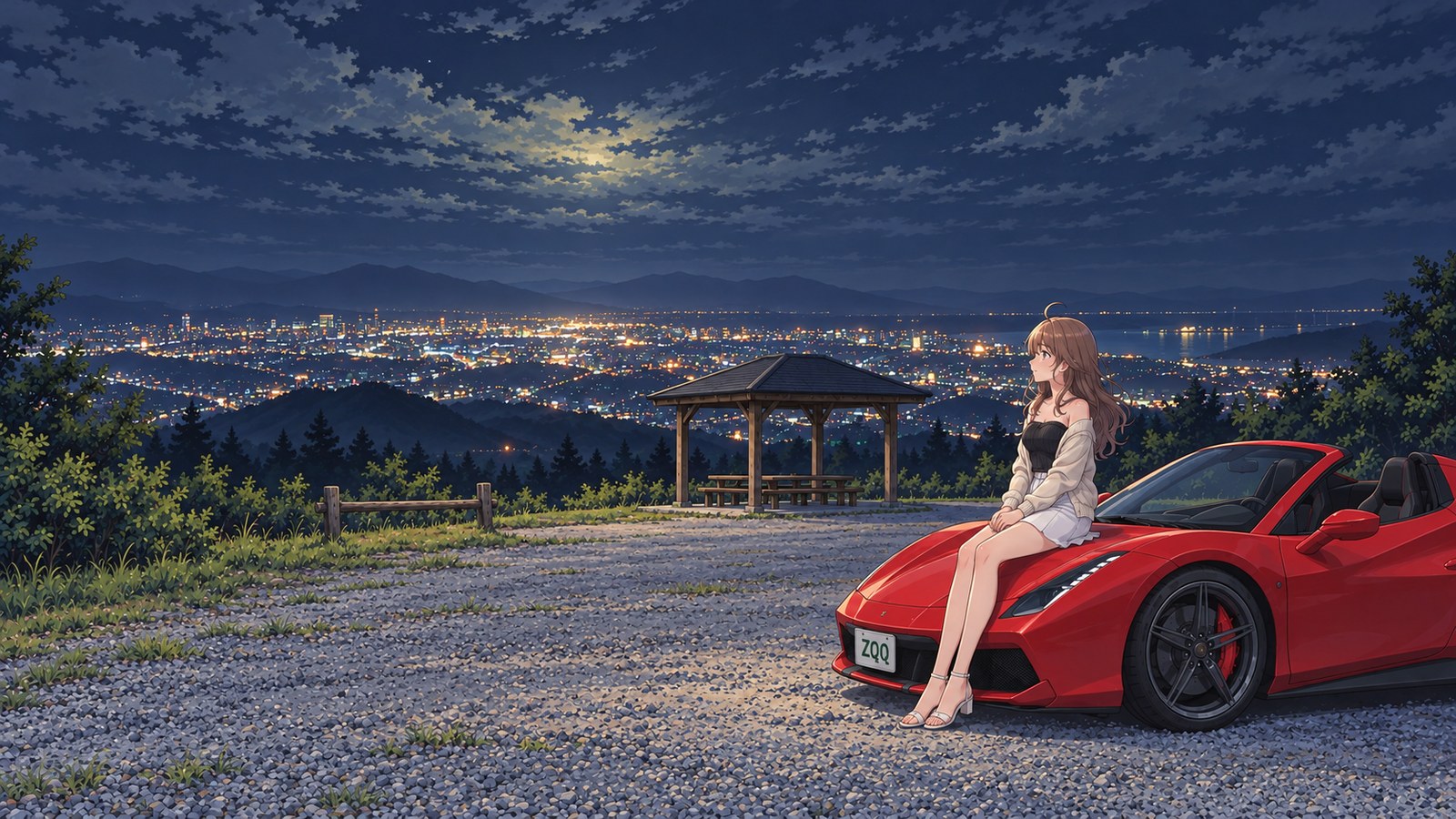 At Komenoyama Observatory on a spring night, a woman in a cardigan sits at the front of a parked red convertible, looking past a pavilion toward the city lights.