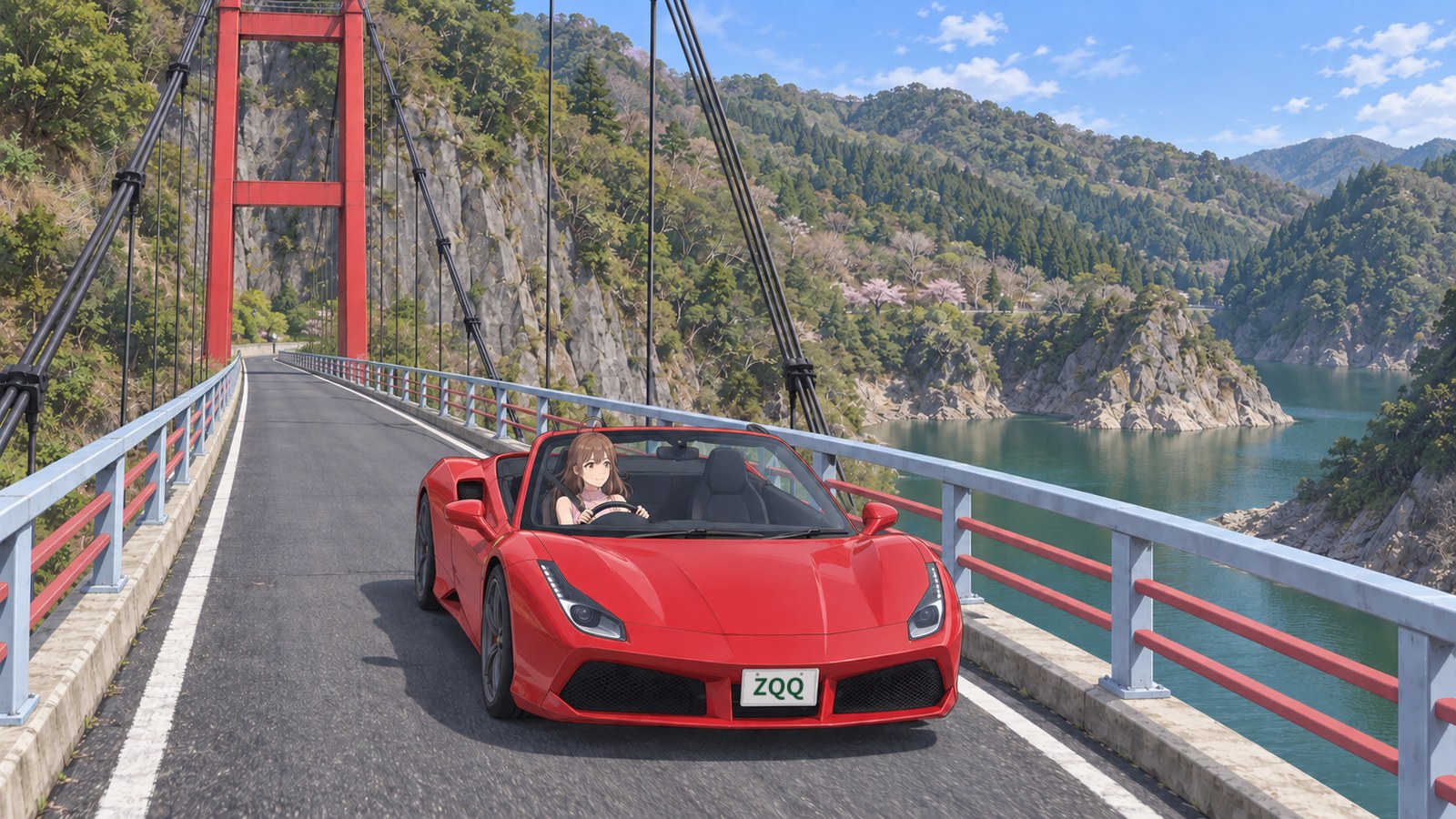 A woman in a pale pink dress drives a red convertible across Kehogi Bridge at Hyugami Gorge in spring. A lake, cliffs, and cherry blossoms on the opposite shore are visible behind her.