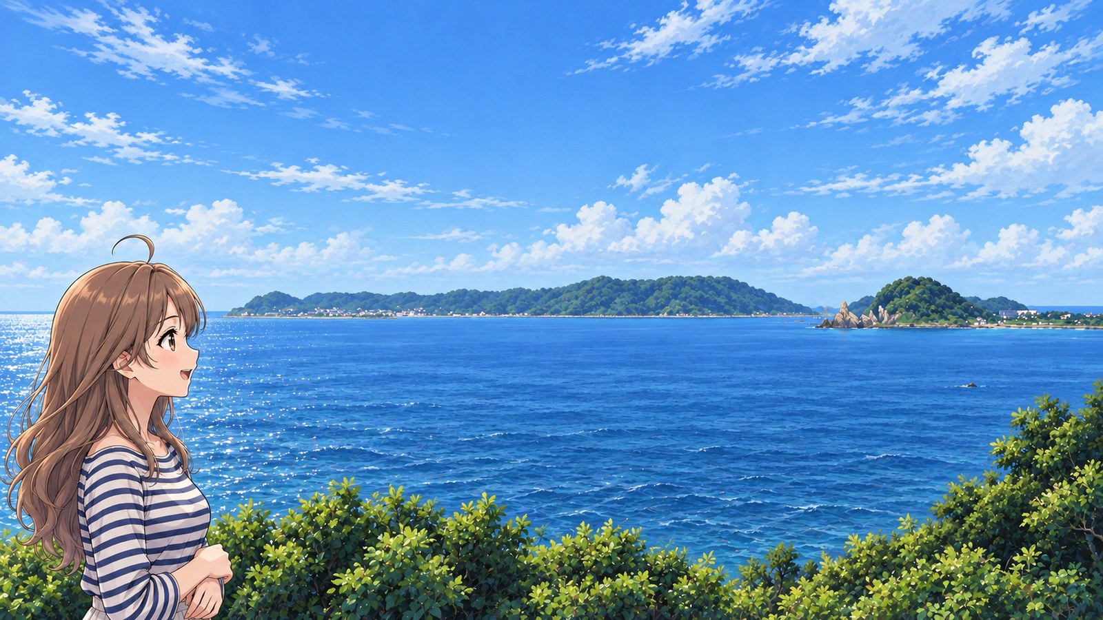 At the Yakataishi coast in summer, the narrator looks out at the Genkai Sea, one hand resting on her wrist. She wears a striped top, and a low island and Tategami Rock are visible offshore.