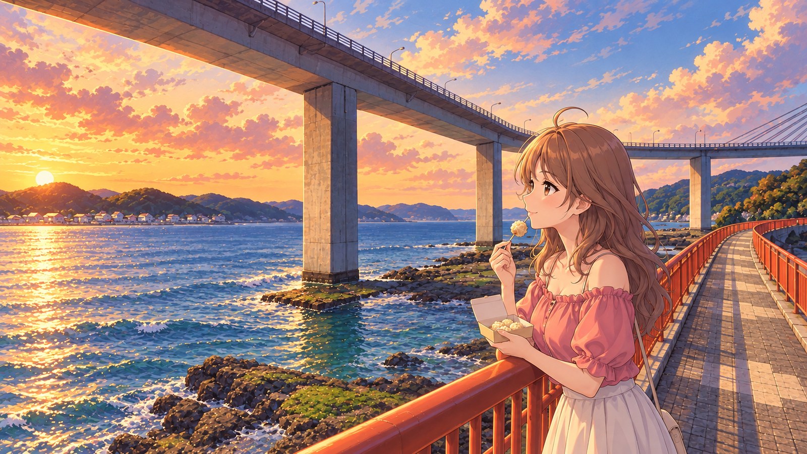 A woman in a coral-coloured off-the-shoulder top and white skirt brings squid shumai to her lips on the Benten Walkway at dusk. Yobuko Bridge spans overhead, with the evening sea beyond the railing.