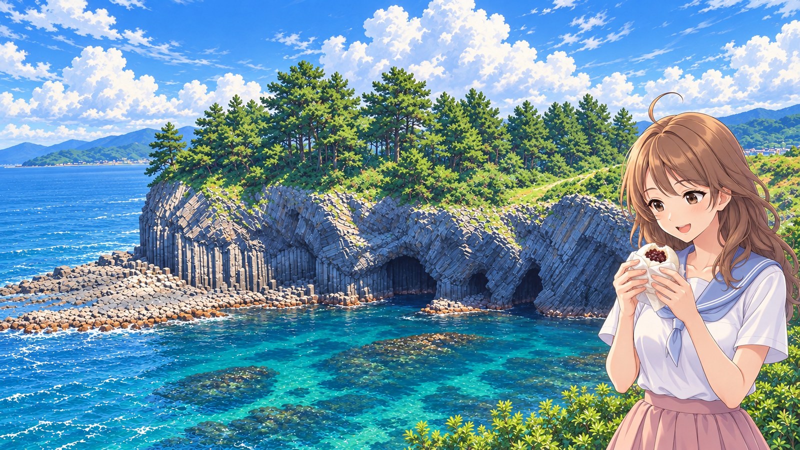 At Nanatsugama, a woman in a white sailor-collar blouse and pink skirt holds a manju with its sweet bean filling showing, with columnar basalt, sea caves and blue-green water behind her.
