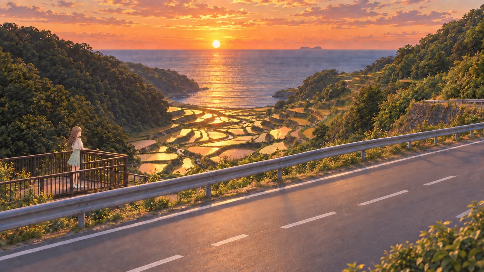 At a roadside lookout, a woman gazes over the Hamanoura Rice Terraces, glowing gold in the sunset, with the Genkai Sea beyond.