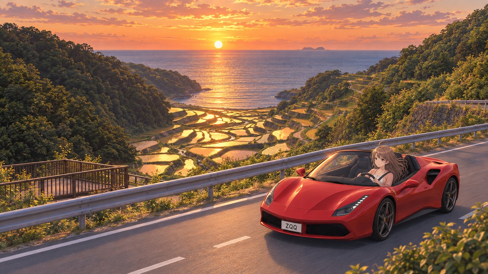 夕日を映して金色に光る浜野浦の棚田と玄界灘。棚田沿いの道を赤いオープンカーで走る主人公