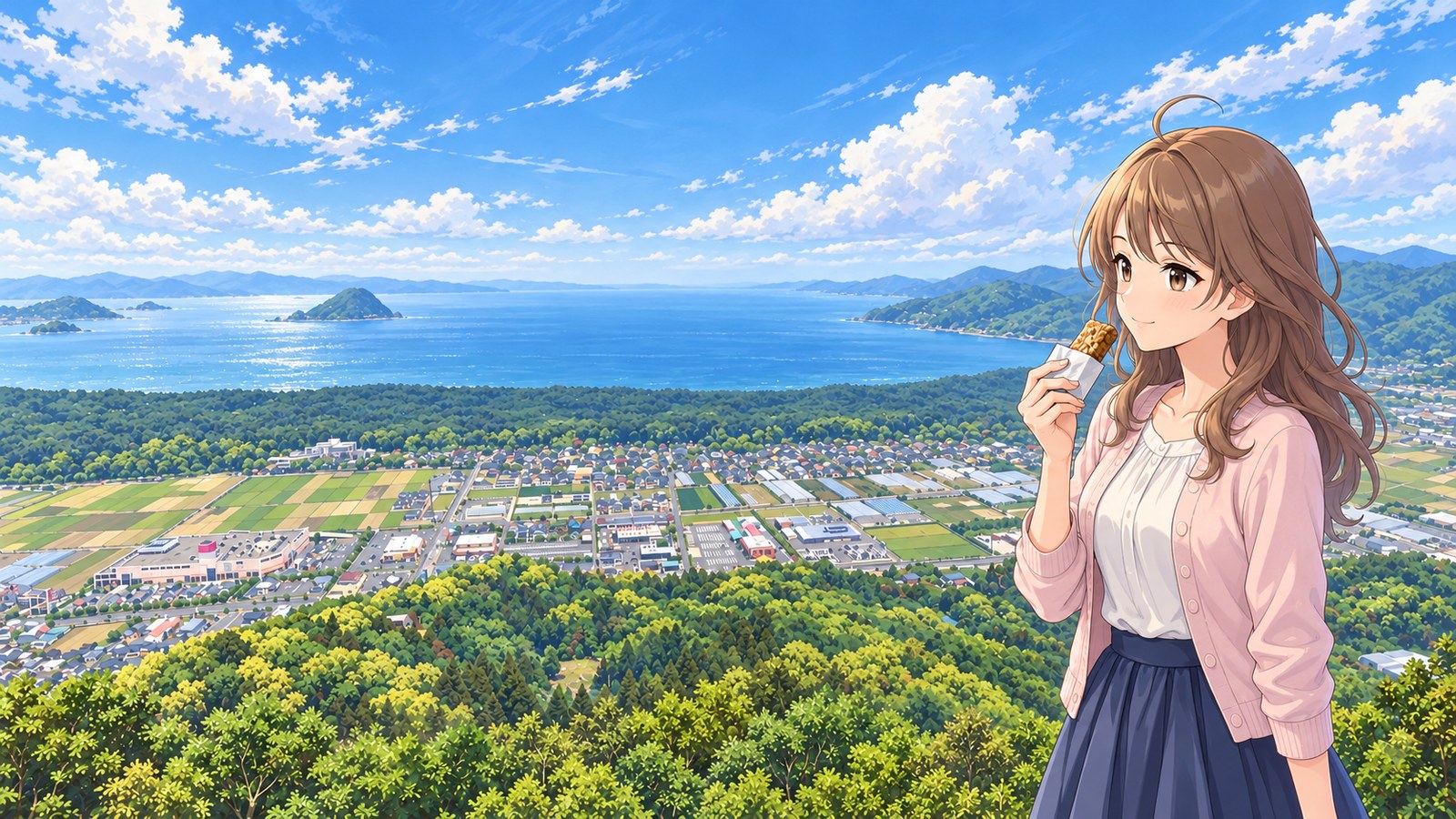 A spring view from Kagamiyama over Karatsu City, the Niji no Matsubara pine grove, and Karatsu Bay. A woman in a pink cardigan and navy skirt holds a piece of Matsubara okoshi near her mouth.