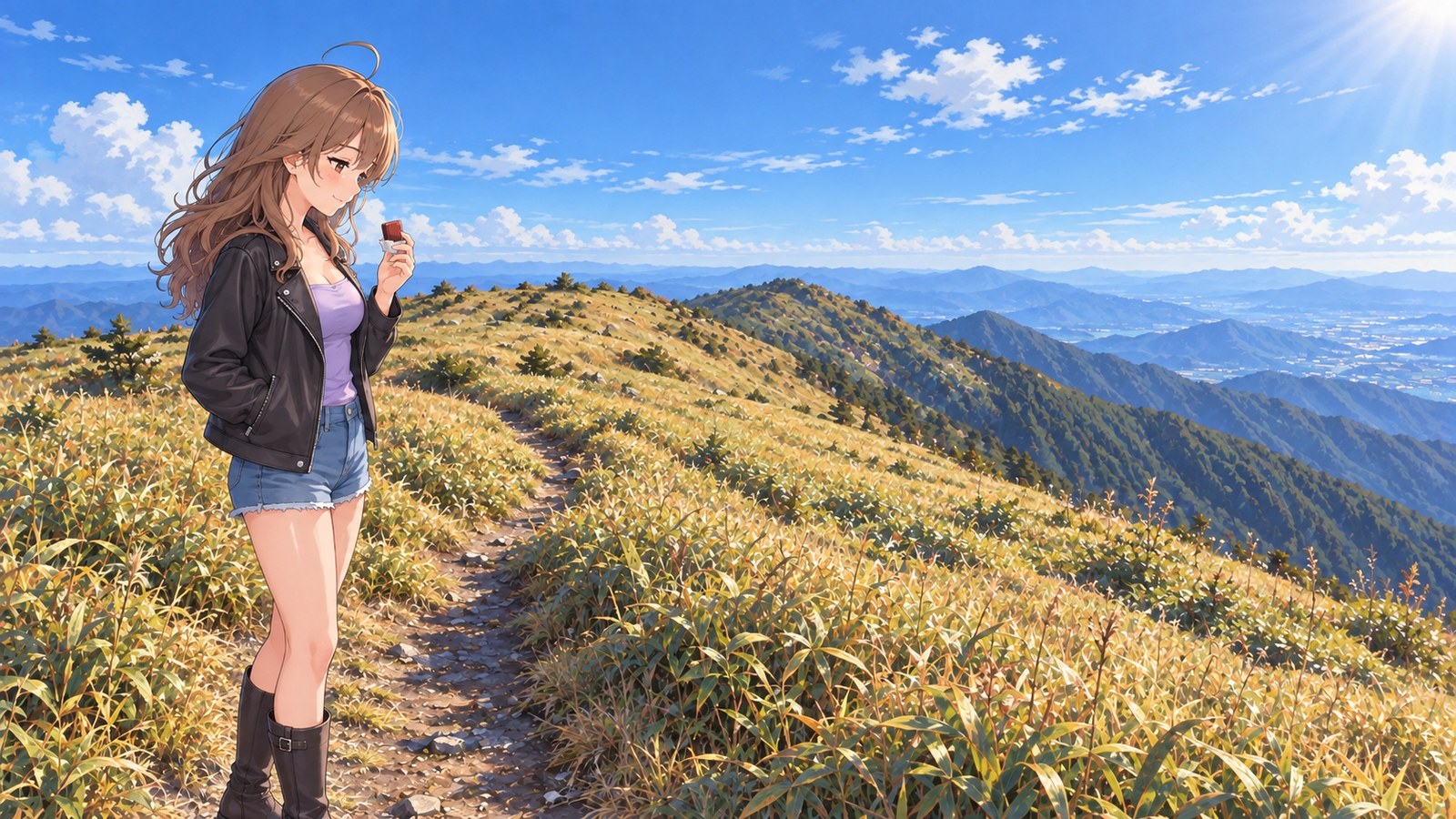 On an autumn afternoon at Mount Tenzan, a woman in a black jacket, purple top, denim shorts and tights looks down at a piece of Ogi yokan. Autumn-coloured grassland, a narrow dirt trail and layered mountains stretch behind her