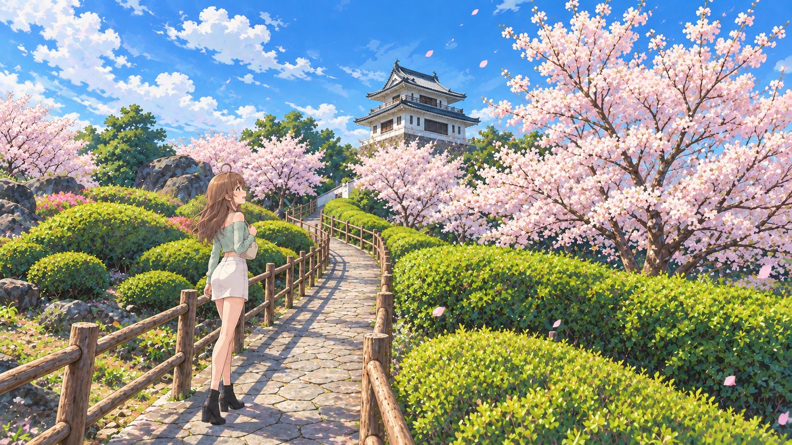 The narrator, wearing a mint top and white skirt, looks up at the Takezaki Castle Ruins Observatory from a stone path lined with cherry blossoms and clipped greenery, beside a log fence