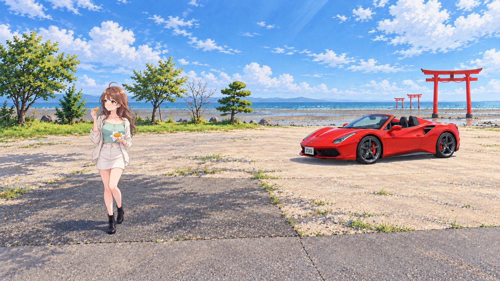 A woman in a mint top and white shorts holds a mandarin beside a parked red convertible in a dry car park. In the background are 3 torii gates and the Ariake Sea at low tide on a spring day.