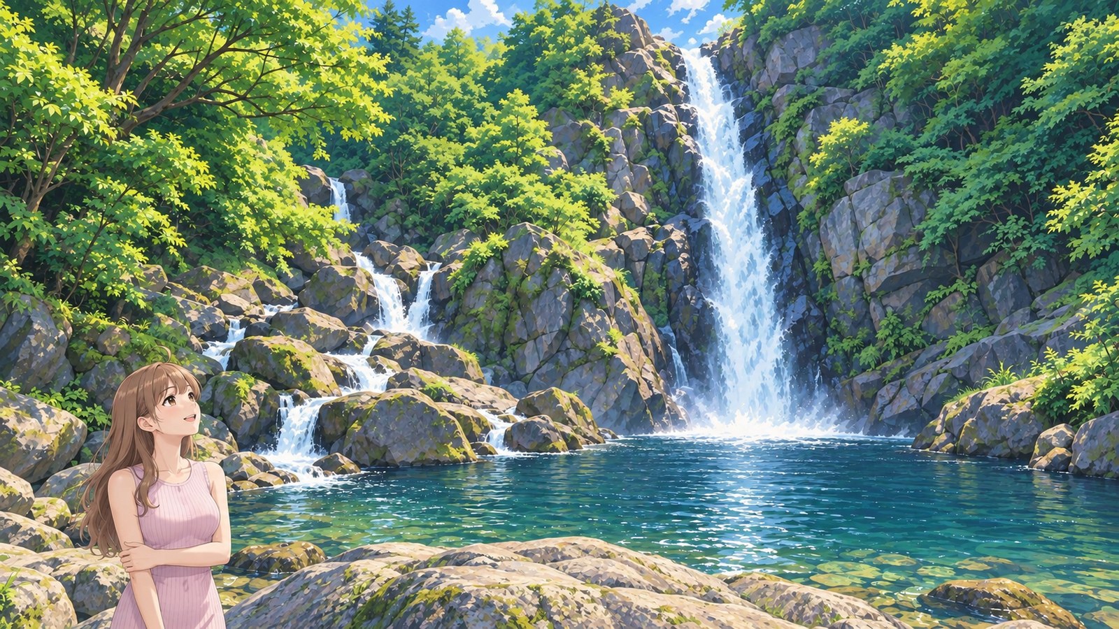 A woman in a pink sleeveless dress smiles as she looks up at Mikaeri Falls spilling from a deep-green rock face into the pool below, one hand resting on her arm.