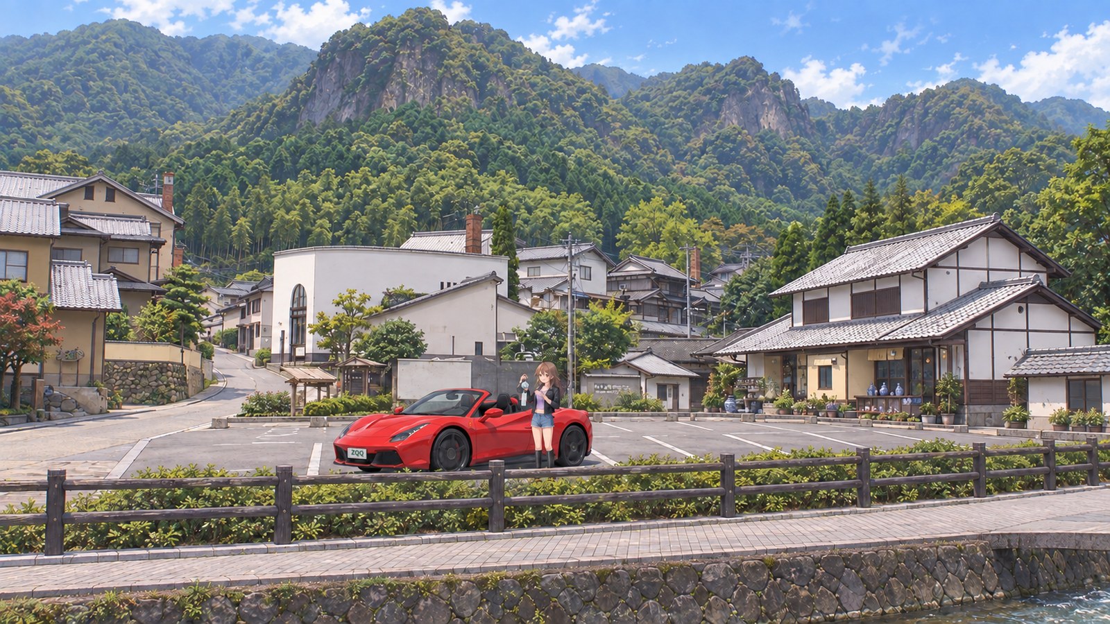 A woman holds up a small porcelain wind chime she has just bought beside her red convertible in a marked parking space; kiln workshops, brick chimneys and rocky mountains rise behind her in summer at Ōkawachiyama.