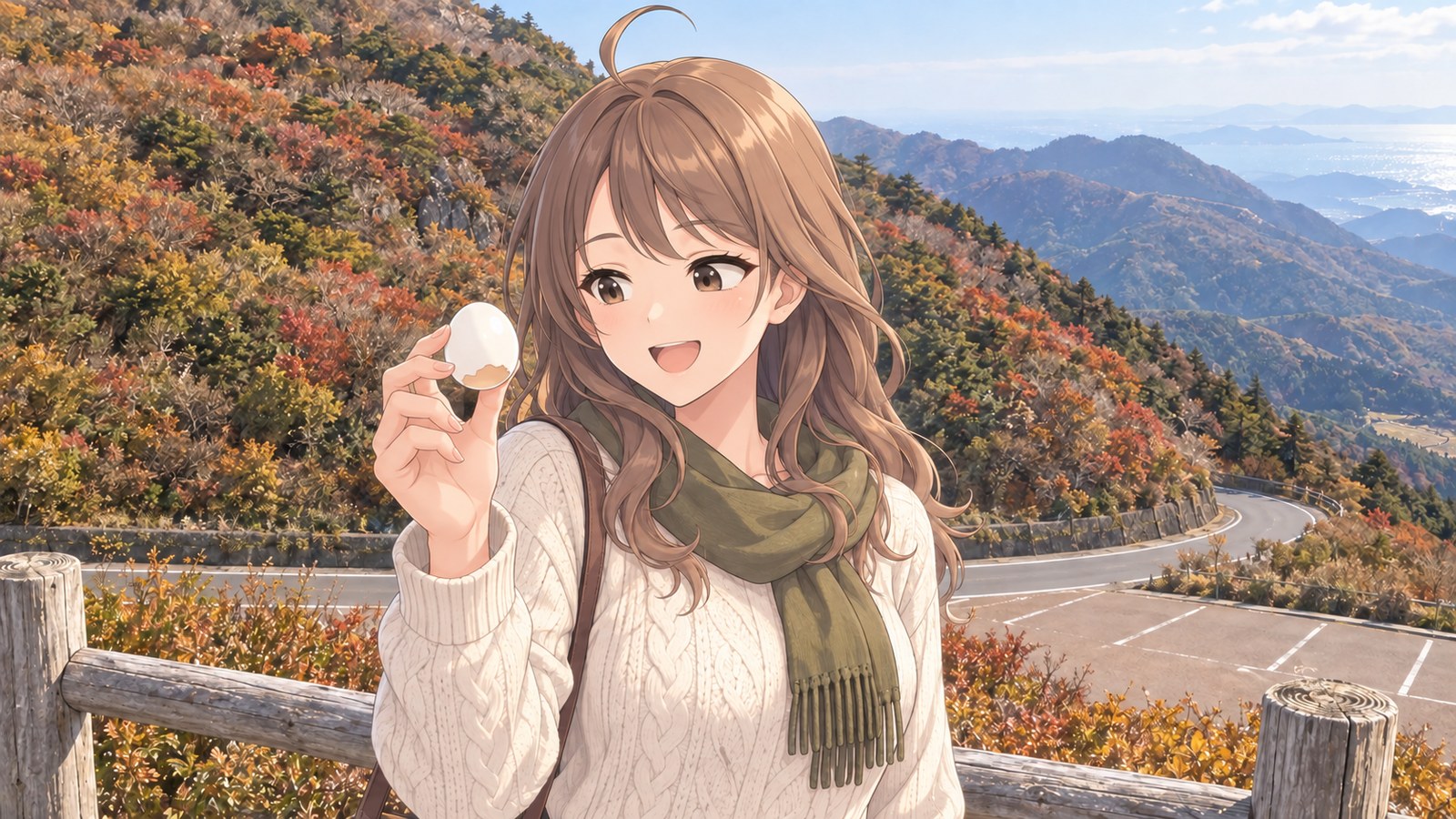 紅葉の仁田峠と遠くの有明海を背に、一枚のままきれいにむけた温泉たまごの殻を掲げて得意げに笑う主人公