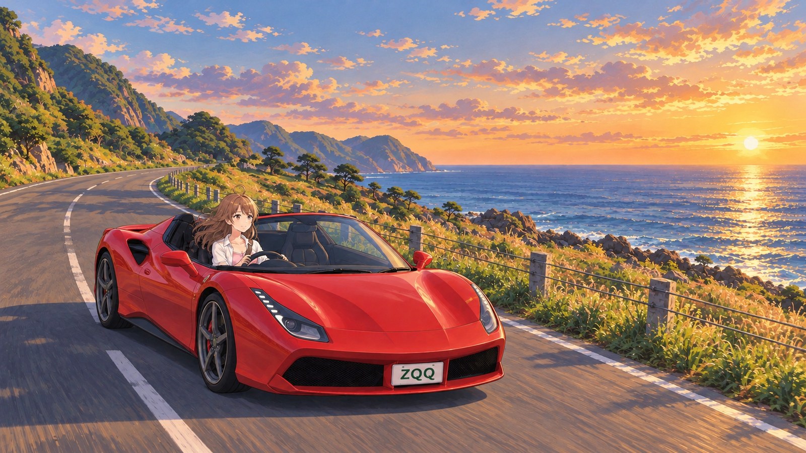 A woman in a white shirt drives a red convertible with the top down around a bend between green cliffs and the sea on Ikitsuki Sunset Way. The setting summer sun lights up the East China Sea.