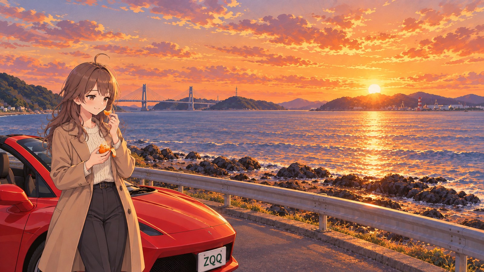 A late-autumn evening at Biwaishi-no-hana. Wearing a camel-colored coat, the narrator holds a Saikai mandarin beside a parked red convertible, with the sunset, rocky shoreline and a bridge in the distance.