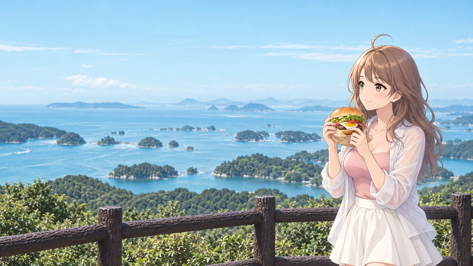 On an autumn afternoon, the heroine holds a Sasebo Burger in both hands as she looks out over Kujukushima and the sea from behind the log railing at Tenkaiho. She wears a white shirt, a pink top, and a flared skirt.