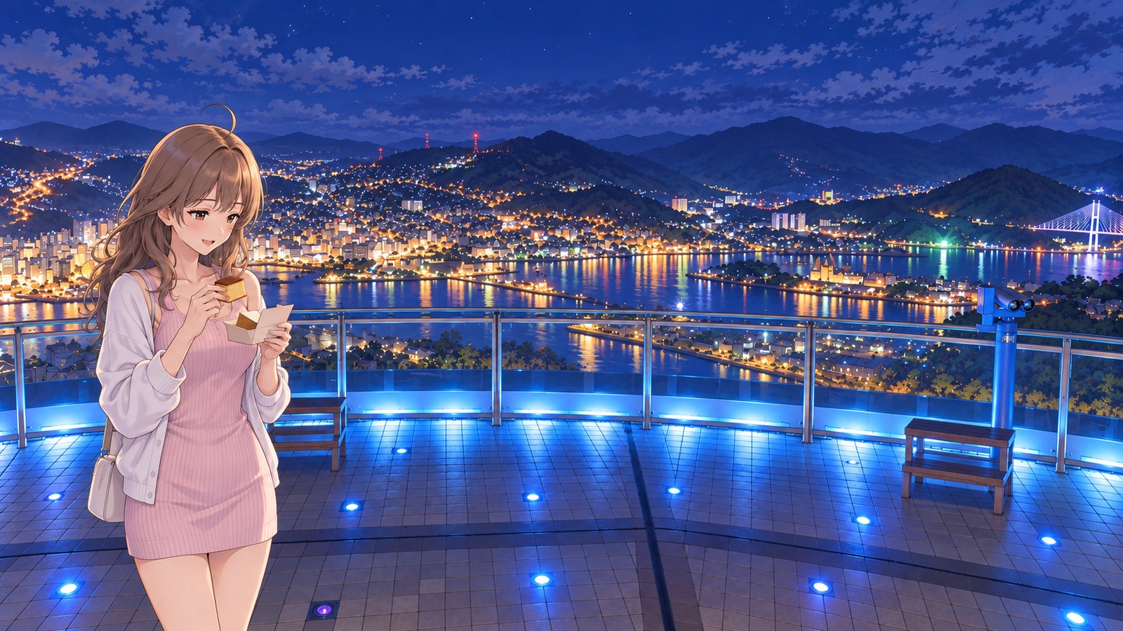 At the Mt. Inasa observatory at night, a woman in a white cardigan and pink dress gazes at a box of castella. Nagasaki Harbor and the hillside city lights spread out beyond the glass railing.