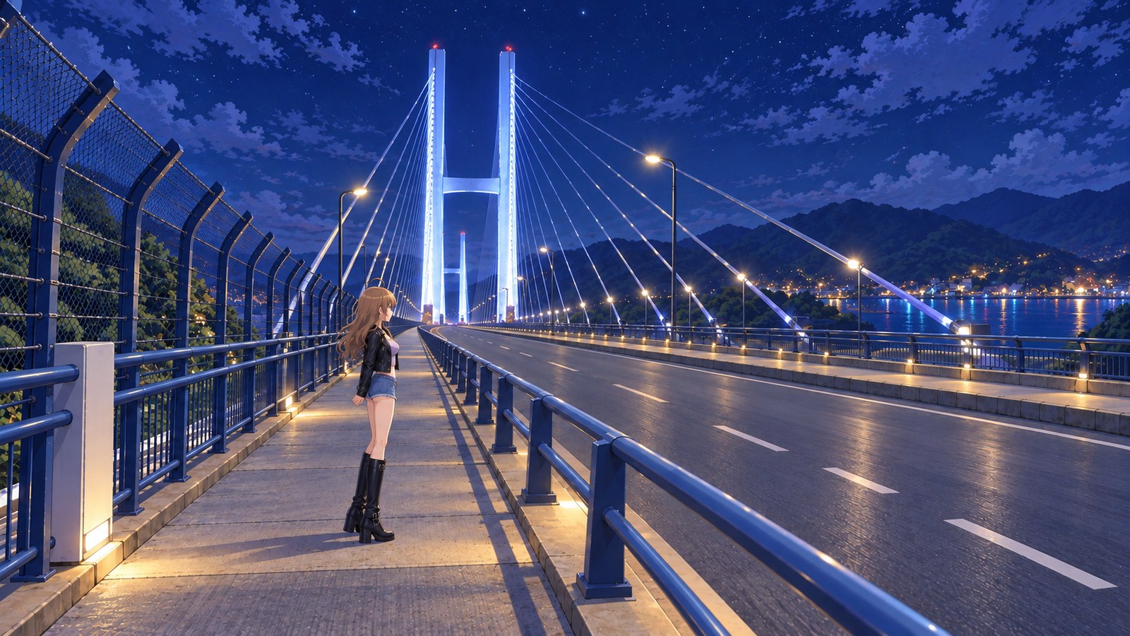 On the walkway of Megami Bridge at night, a woman in a black jacket, lavender top, denim shorts and long black boots looks up at the white-lit main tower. Angled cables and the lights of Nagasaki Port are visible.