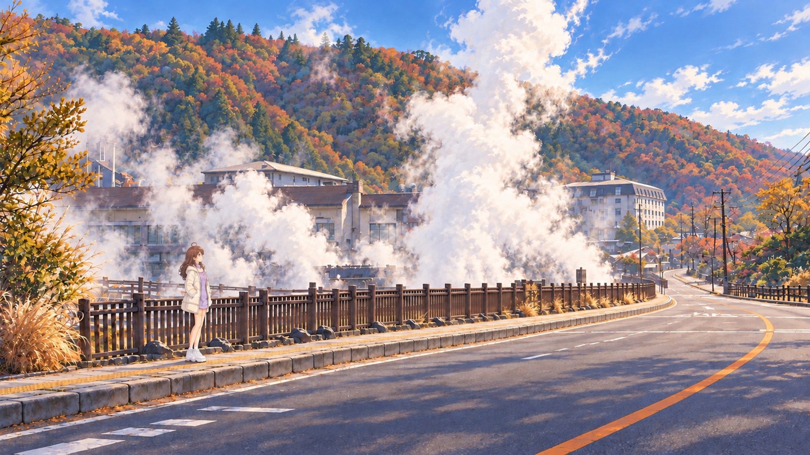 At Unzen Jigoku on a clear winter morning, a woman in a light-colored coat and lavender sweater stands beside the road, watching a large plume of steam rise beyond the railing.