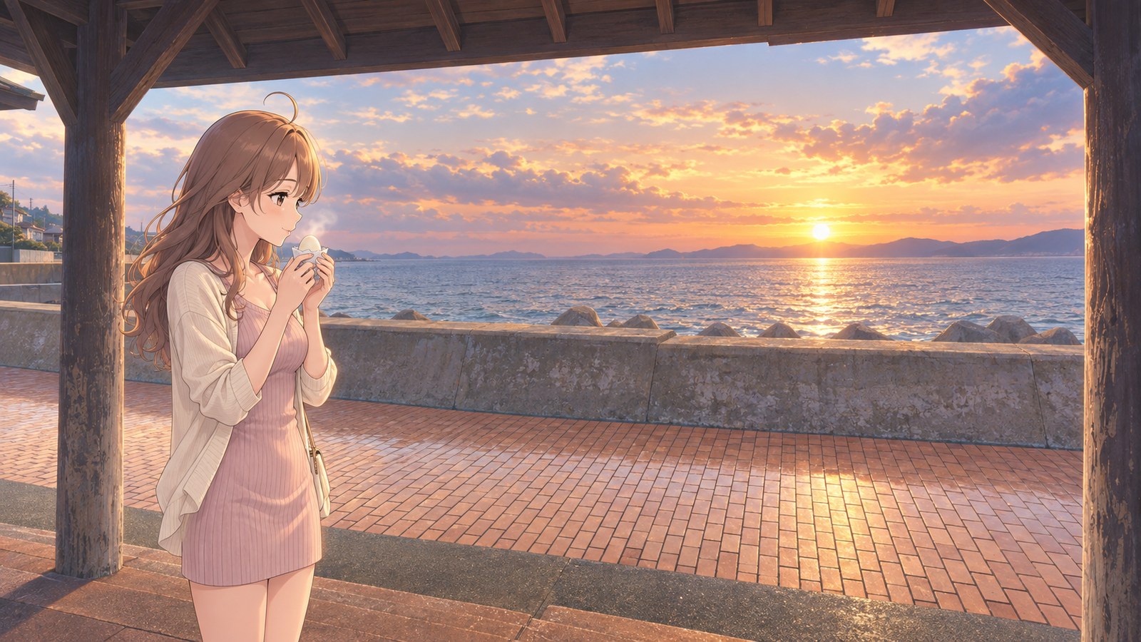 At Obama Onsen, a woman in a pink dress and light-colored cardigan cools a steamed egg beneath a seaside shelter. The sun is low near the horizon over Tachibana Bay.