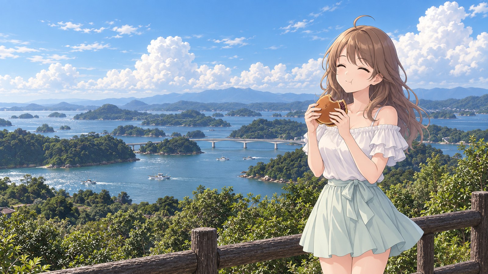 小さな島々の間に架かる天草五橋の一つを背に、天草どら焼きをほおばって目をつぶる主人公