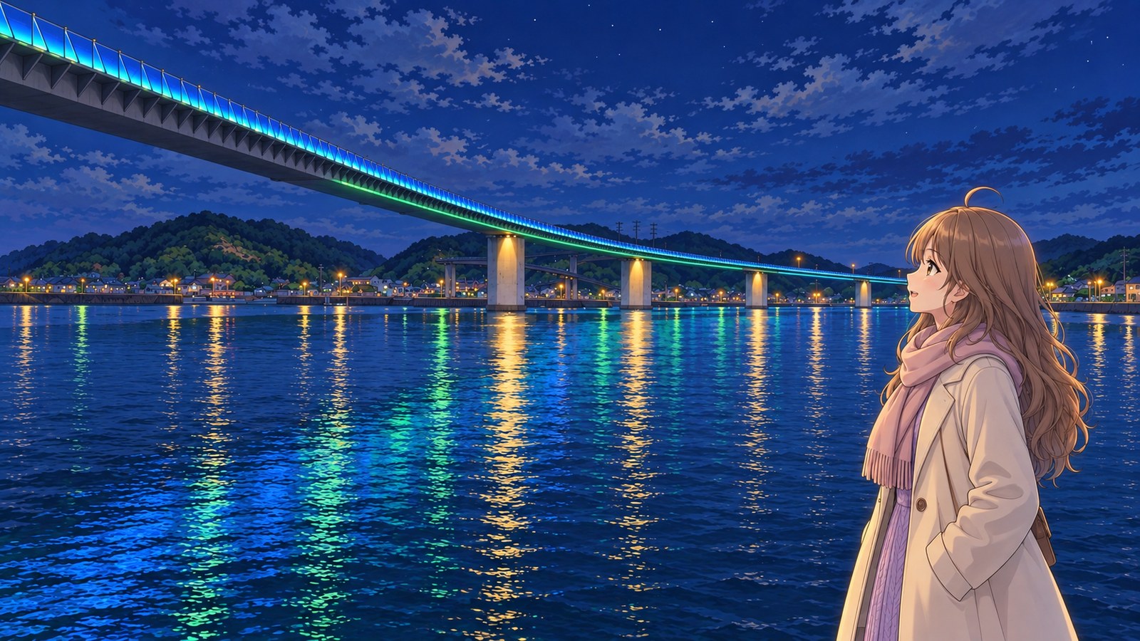 A woman in a winter coat and scarf stands with both hands in her pockets, looking up at the illuminated Ushibuka Haiya Bridge. The bridge lights reflect on the harbor water.