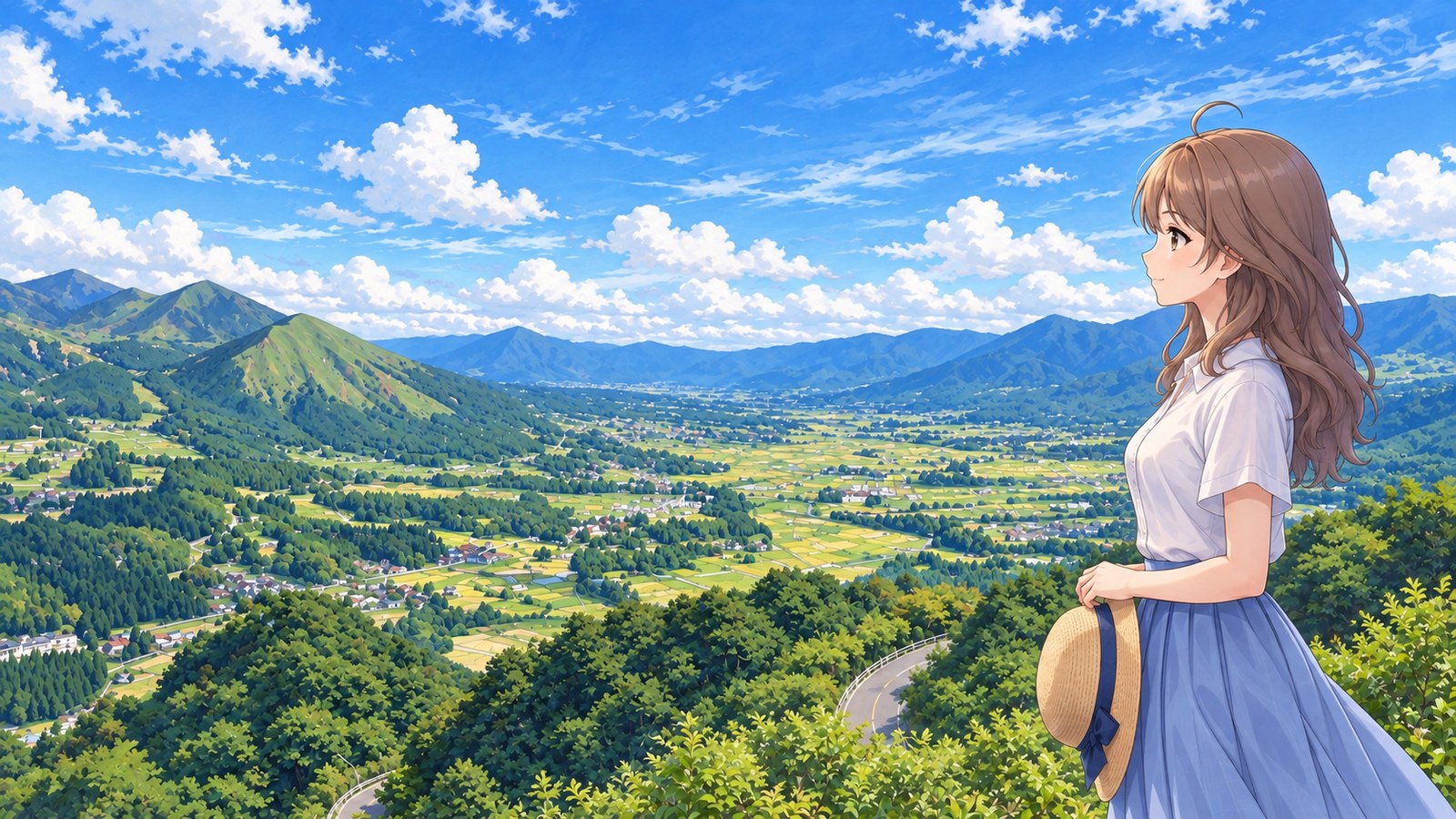 A woman in a white short-sleeved blouse and blue skirt holds a straw hat while looking out from Tawarayama Pass Lookout over summer fields and mountains.